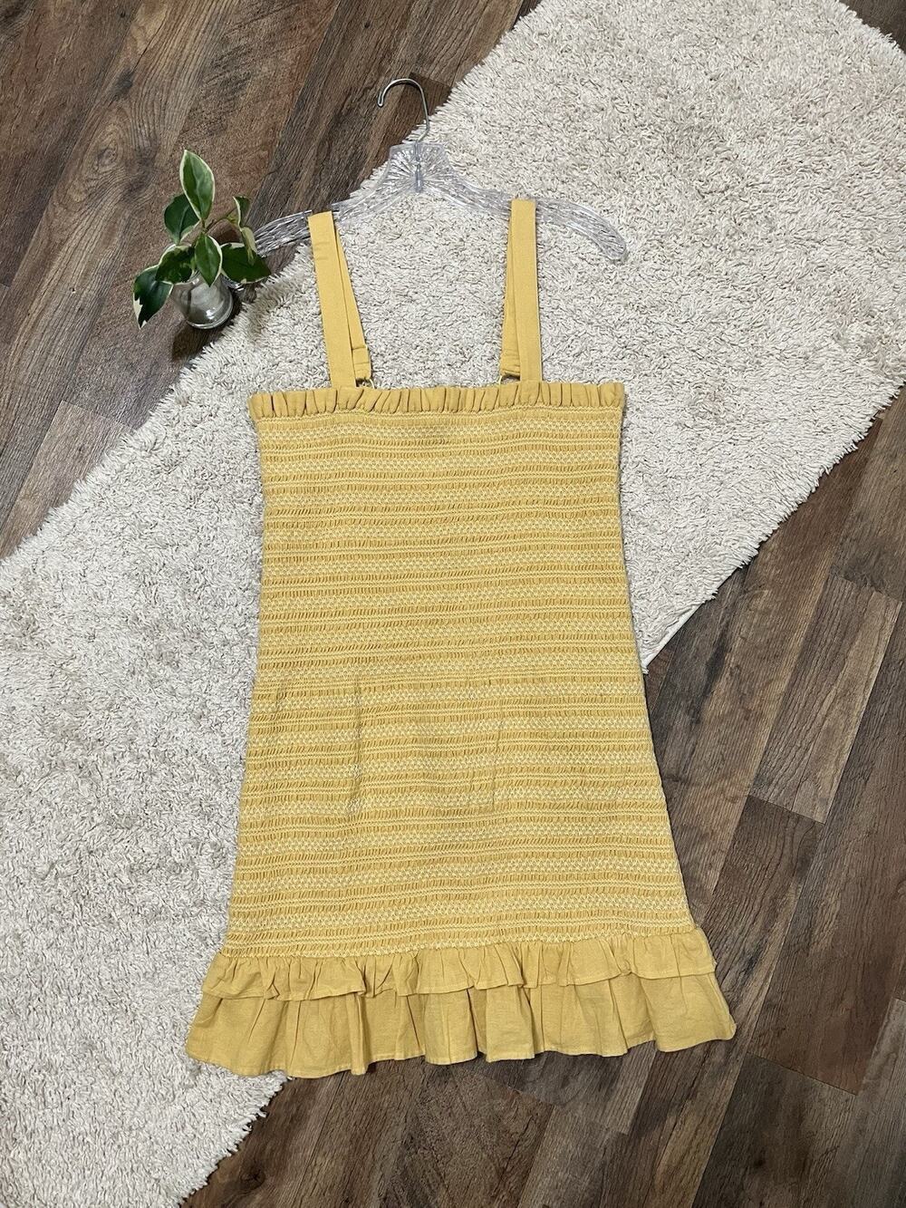 American Eagle Mustard Yellow Smocked Embroidered Ruffle Hem Mini Dress NWT